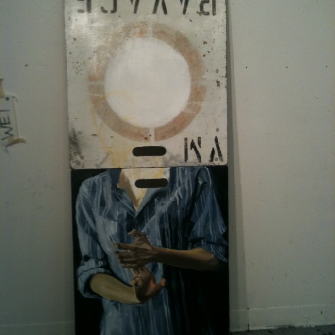 "Pavage" 16"x36" Oil on "No Parking" Sign, 2012.